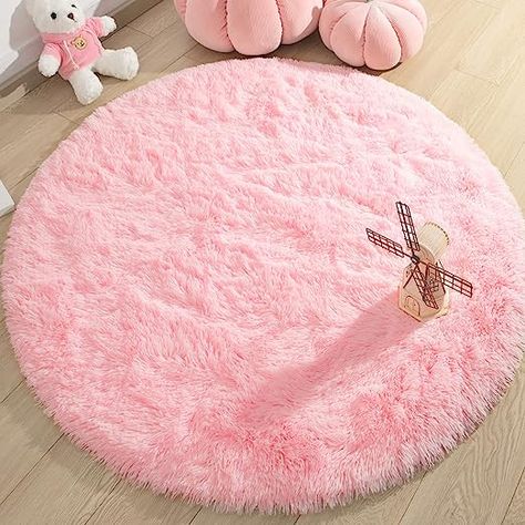 Fluffy area rugs surface is made of microfiber and memory foam, which will give you a soft touch and foot rebound. 【Rubber Backing】When you walk on the cozy rug, the countless rubber particles on the back of the rug can play a non-slip role. Circle Area Rug, Rug For Kids Room, Nursery Carpet, Circular Rug, Rug For Kids, Pink Round, Soft Cute, Round Rug, Kids Room