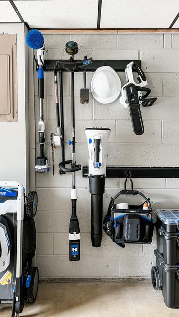 Garage Storage Ideas For Lawn Equipment, Garage Lawn Equipment Storage, Blower Storage Ideas, Lawn Equipment Storage Ideas, Lawn Chair Storage Garage, Lawn Equipment Storage, Charger Ideas, Organizing Tools, Lawn Mower Storage