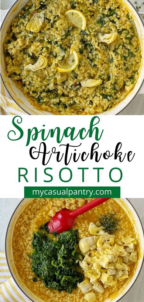 Spinach and Artichoke Risotto is inspired by one of my favorite dips. This hearty risotto is rich and creamy and pairs beautifully with beef, chicken, and fish. Artichoke Risotto, Spinach Risotto, How To Make Risotto, Side Dishes For Chicken, Artichoke Chicken, Artichoke Recipes, Favorite Dips, Risotto Recipes, Potato Side Dishes