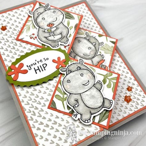 Happiest Hippo Cards, Happy Hippo Stampin Up Cards, Su Hippest Hippos Cards, Stampin Up Hippo Happiness Cards, Stampin Up Happiest Hippos, Stampin Up Hippest Hippos Cards, Hippest Hippos Stampin Up Cards, Diamond Z Fold Card, Stampin Up Kids Birthday Cards