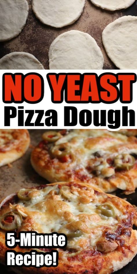 No yeast? No problem. This 5-ingredient, 5-minute no-yeast pizza dough recipe uses baking powder as a substitute for yeast. Perfect for one family-sized pizza or 6 mini personal-sized pizzas. #HappyHooligans #Homemade #Pizza #Dough #Crust #NoYeast #YeastFree #Quick #Easy #Recipe Pizza Dough Without Yeast, Dough Without Yeast, Quick And Easy Pizza Dough, Yeast Pizza Dough, Pizza Crust Recipe Easy, No Yeast Pizza Dough, Easy Pizza Crust, Homemade Pizza Crust, Quick Pizza