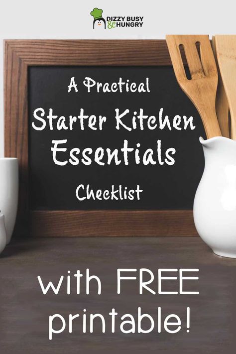 Here's a kitchen essentials list that will ensure your starter kitchen has everything needed to start cooking right on day 1. With links to example products and a helpful printable checklist, this list is invaluable to anyone moving into their first place, or even just looking to replace some worn items in their established kitchen! #kitchenessentials #kitchenorganization #firstkitchenchecklist #dizzybusyandhungry Starter Kitchen Essentials, Kitchen Starter List, First Kitchen Checklist, Kitchen Registry, List Of Kitchen Essentials, Kitchen Essentials Checklist, Wedding Registry Checklist, Farmhouse Makeover, Kitchen Essentials List