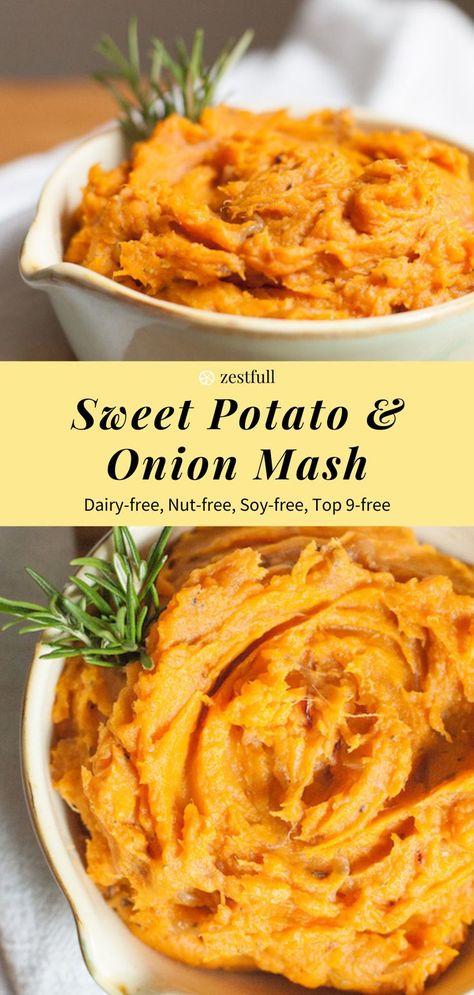 This Sweet Potato and Onion Mash is the ultimate fall comfort food! Creamy, savory, and packed with flavor, it’s an easy side dish for your fall dinners. Sweet Potato And Onion, Savory Sweet Potato Recipes, Sweet Potato Side Dish, Sweet Potato Sides, Sweet Potato Mash, Gluten Free Sides Dishes, Nut Free Recipes, Vegan Holiday, Fall Comfort Food