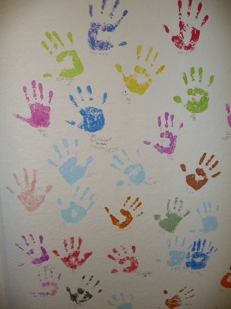 Grandchildren's Handprints.  They love adding their handprints to my laundry room on each visit.  Warms my heart when they are away! Handprint Wall Mural, Hand Print Mural Ideas, Hand Print Wall, Handprint Wall, Grandkid Handprint Gift, Handprint On Canvas Friends, Class Handprint Art Auction Projects, Grandkids Room, Girl Bedroom Decor