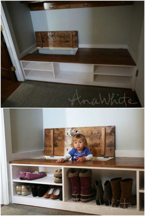 35 Space Saving DIY Hidden Storage Ideas For Every Room - 35 of the BEST DIY organizing ideas that provide hidden storage space. Includes DIY plans to create hidden storage for kitchen, bathroom, living room and bedroom. #organizing #storage #builtin #bathroom #bedroom #furniture Shoe Storage Bench Diy, Diy Hidden Storage Ideas, Diy Bank, Shoe Storage Bench Entryway, Hidden Storage Ideas, Diy Storage Ideas, Diy Shoe Storage, Diy Storage Bench, Small Laundry Room Organization