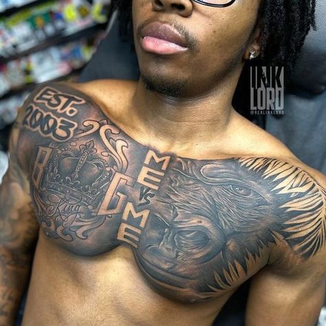 Male Chest Piece Tattoo, Black Male Chest Tattoos, Tattos With Meaning For Boys, Mens Black Tattoos, Gorilla Chest Tattoo Men, Me Vs Me Tattoo Men, Right Shoulder Tattoo Men, Atlanta Tattoo Ideas For Men, Black Men Shoulder Tattoo Ideas Quarter Sleeve