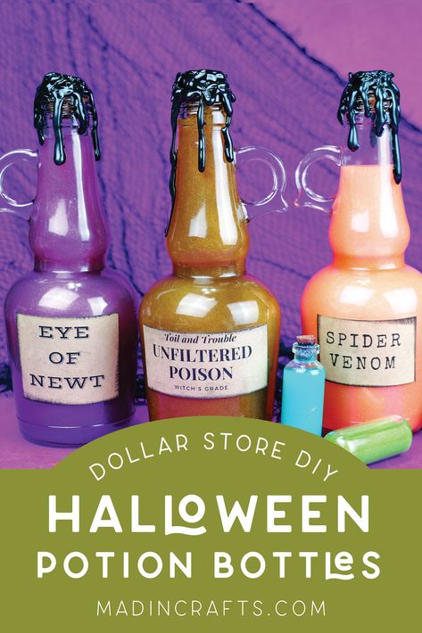 Are you getting ready to add some magical Halloween decor to your home? I have made my own version of the popular color-changing potion bottles that are more affordable because The post DOLLAR STORE HALLOWEEN POTION BOTTLES appeared first on Mad in Crafts. Diy Potion Bottles Mica Powder, How To Make Potions, Lab Decorations, Holiday Centerpieces Diy, Dollar Tree Halloween Decor, Poison Bottles, Halloween Garage, Glass Bottle With Stopper, Spooky Diy