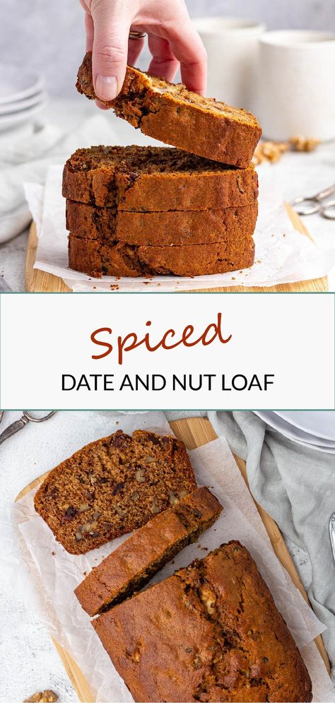 This spiced date and nut loaf are moist, flavoured with sweet dates and dotted with crunchy walnuts. A thick slice goes perfectly with the afternoon cup of tea! Date And Nut Muffins, Ginger And Date Loaf, Date And Nut Loaf Recipe, Date And Nut Cake, Spiced Date Cake, Walnut And Date Recipes, Date Walnut Loaf, Date And Nut Loaf, Date Loaf Cake