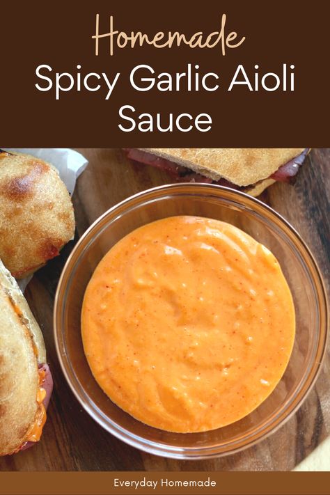 Make the best Homemade Spicy Garlic Aioli Sauce in just 10 minutes! This easy, homemade sauce features bold garlic and a spicy kick of sriracha. It's perfect for burgers, fries, salmon, chicken, and sandwiches. Elevate your meals with this versatile condiment, ideal as a dipping sauce or spread. Spicy Garlic Aioli Sauce, Aoli Sauce Recipes, Spicy Aioli Sauce, Chicken Burger Sauce, Spicy Garlic Aioli, Burger Dressing, Spicy Garlic Sauce Recipe, Aioli Recipes, Homemade Burger Sauce