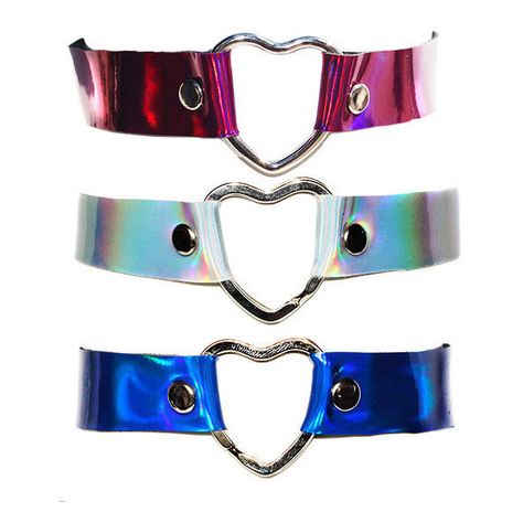 Holographic Heart Chokers- More Colors (€9,75) ❤ liked on Polyvore featuring jewelry, necklaces, choker, accessories, heart choker necklace, holographic necklace, heart jewellery, heart choker and leather heart choker Raver Makeup, Hardcore Outfits, Iridescent Clothing, Chokers For Kids, Holographic Choker, Leather Heart Choker, Necklaces Choker, Rave Clothes, Rave Babe