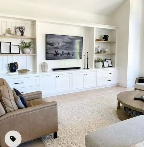 30+ TV Media Wall Ideas That Are Both Functional and Stylish - HubPages Tv Media Wall, Media Wall Ideas, Built In Tv Cabinet, Built In Tv Wall Unit, Shelves Around Tv, Built In Wall Units, Media Walls, Wall Entertainment Center, Tv Built In