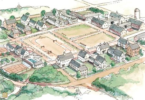 Perspective Rendering, Traditional Neighborhood Development, Castle Layout, Equestrian Stables, Cluster House, Family Compound, Cities Skylines, Drawing Scenery, New Urbanism