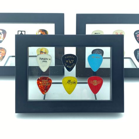 Guitar Pick Display Ideas, Guitar Pick Display Diy, Guitar Pick Display, Guitar Pick Art, Polaroid Display, Dana Point California, Museum Ideas, Memorabilia Display, Retro Bedroom