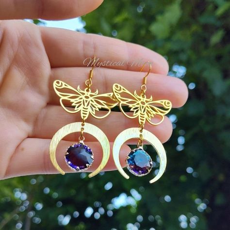 Moth and Crescent Moon Dangle Earrings with Purple / Blue Crystal Fairy Witchy Wiccan Jewelry Fairycore Handcrafted Gift for Her by MysticalMoonShopUS on Etsy Crystal Fairy, Wiccan Jewelry, Fairy Aesthetic, Earring Ideas, Moon Design, Hand Crafted Gifts, Copper Plated, Perfect Gift For Her, Jewelry Lover