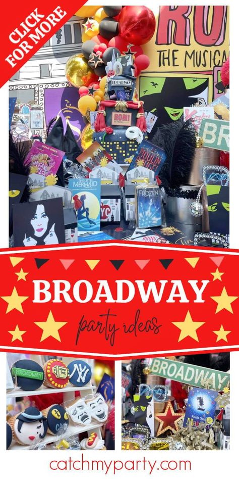 Check out this fun Broadway-themed birthday party! The cake is a show-stopper! See more party ideas and share yours at CatchMyParty.com Musicals Themed Party, Musical Theater Birthday Party Ideas, Broadway Themed Birthday Party, Broadway Birthday Party Ideas, Broadway Birthday Party, Musicals Party, Broadway Musicals Party, Broadway Themed Party, Broadway Sweet 16