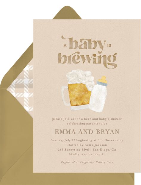 Unique copy and illustration makes for a playful baby shower invite geared to celebrate couples. It's perfect for a baby-q or beer themed shower. Coed Baby Shower Themes, Diaper Party Invitations, Baby Q Invitations, Baby Q Shower, Diaper Party, A Baby Is Brewing, Man Shower, Baby Is Brewing, Online Invitation