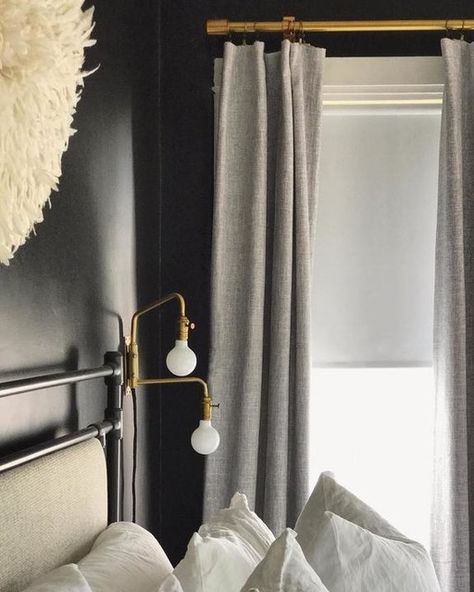 Striped Accent Wall, Black Gold Bedroom, Gold Curtain Rods, Dark Curtains, Bedroom Drapes, Plain Curtains, The Curtains, Black Gold Jewelry, Gold Bedroom