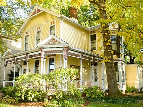 A sweet yellow and a soft white trim add to the curb appeal of any home's exterior! This is a perfect palette for a Victorian style home.  Body: Sunbath ECC-50-1 Trim: Moon Rise W-F-700 Accent: Sequoia Grove 200F-6 Victorian Homes Exterior Colors, Yellow Victorian House, Yellow House Exterior, Victorian House Colors, Victorian Homes Exterior, Victorian Exterior, Craftsman Exterior, Paint Color Inspiration, Yellow House