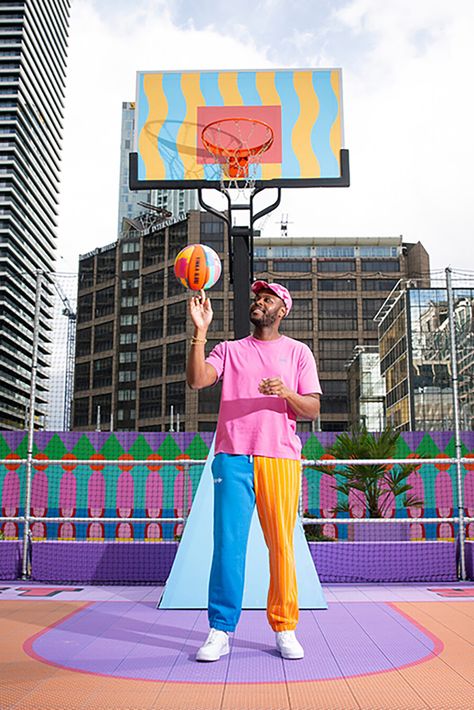 Colourful Basketball Court, Celebration Artists, Yinka Ilori, Harvest Snaps, Nigerian Artist, Lego Girls, Basketball Courts, Public Artwork, Stage Set Design