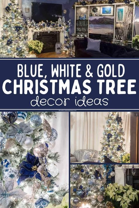 Christmas Tree With Blue And Gold, Blue Gold White Christmas Decor, Navy Blue Christmas Mantle Decor, Navy Gold And White Christmas Tree, Blue White Gold Christmas Tree, Blue White And Gold Christmas Tree, Blue Silver And Gold Christmas Tree, Blue And Gold Christmas Tree Ideas, Blue And White Christmas Tree Ideas