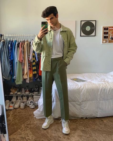 Daniel Grant (@da.nl) posted on Instagram • Jul 19, 2020 at 4:53pm UTC Indie Fashion Men, Guys Outfits, Aesthetic Note, Green Pants Outfit, Spiritual Fashion, Aesthetic Outfits Men, Spring Outfits Men, Monochrome Outfit, Mens Casual Dress Outfits