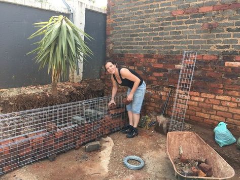 Backyard Patio On A Budget, Sloped Yard Landscaping, Patio On A Budget, Rock Fence, Gabion Retaining Wall, Rock Retaining Wall, House Gardening, Gabion Fence, Concrete Retaining Walls