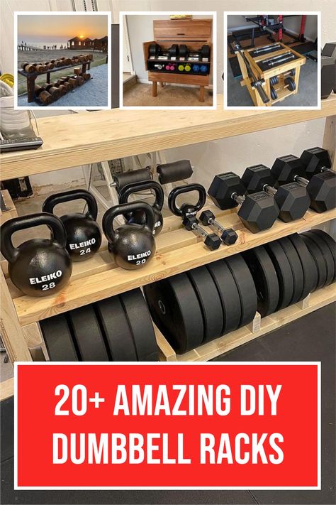 Storage is a must have in the home gym and dumbbell racks are on the top of the list. There are plenty of options available to purchase, but it is also something that many people can build with just a few basic tools. In this article I’ll highlight 25+ of my favorite DIY dumbbell racks for you to draw inspiration from. Diy Gym Storage Ideas, Exercise Equipment Storage Ideas, Gym Equipment Storage Ideas, Dumbell Organization, How To Store Weights At Home, Kettle Bell Storage, Diy Gym Organization, Garage Gym Weight Storage, Gym Room Storage