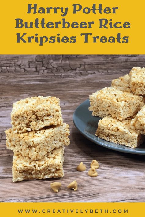 Butterbeer Rice Krispie Treats Inspired by Harry Potter Butterbeer Rice Krispies, Butter Beer Rice Krispie Treats, Frozen Butterbeer, The Leaky Cauldron, Harry Potter Butter Beer, Butterbeer Recipe, Butter Beer, Leaky Cauldron, Krispie Treats Recipe