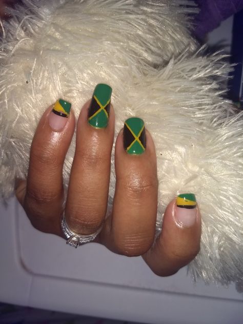 Jamaican Flag Nail Art Jamaican Tattoos For Women, Nails For Jamaica Vacation, Jamaican Nails Ideas, Jamaican Nail Designs, Jamaican Tattoos, Flag Nail Art, Jamaica Nails, Rasta Nails, Flag Nails