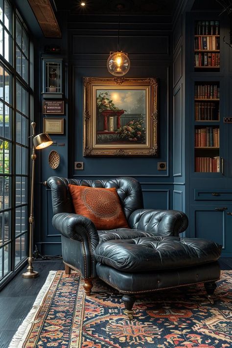 Mid Century Modern Piano Room, Decadent Living Room, Dark Academia And Mid Century Modern, Moody Den Colors, Whiskey Sitting Room, Mid Century Victorian Living Room, Moody Record Room, Moody Navy Living Room, Middle Room Ideas