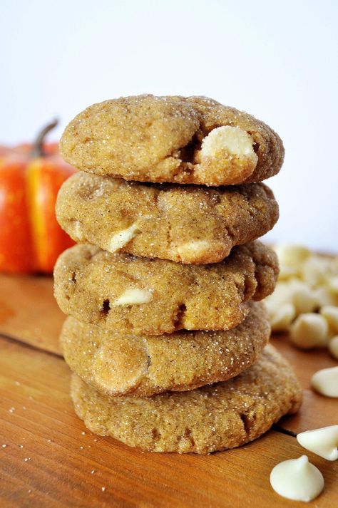 Pumpkin White Chocolate Chip Snickerdoodles Pumpkin White Chocolate, Pumpkin Snickerdoodle Cookies, Chocolate Snickerdoodles, White Chocolate Chip, Snickerdoodle Cookies, Pumpkin Cookies, Snickerdoodles, White Chocolate Chips, Homemade Chocolate