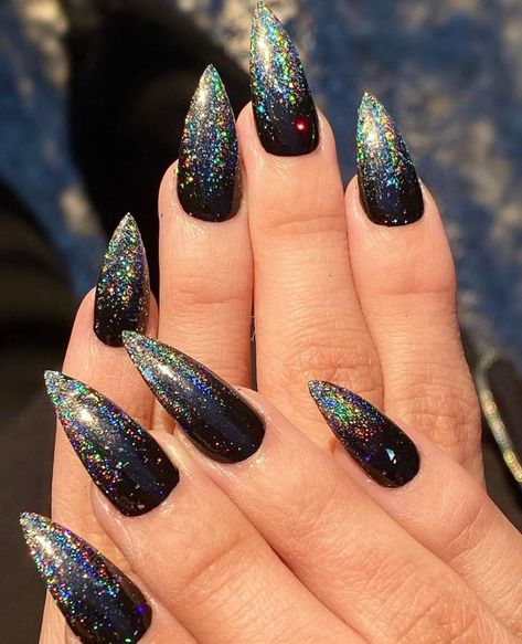 Gothic Nails Acrylic, Black Holographic Nails, Holloween Nails, Black Nails With Glitter, Black Holographic, Witch Nails, Witchy Nails, Holo Nails, Pointy Nails