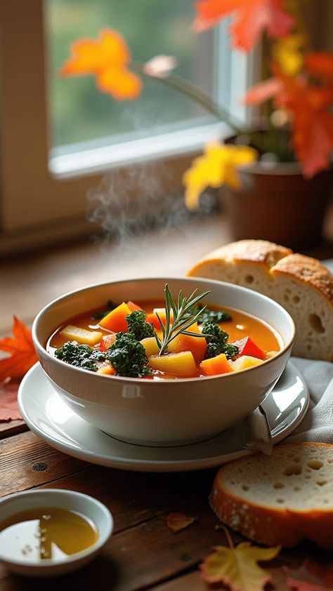 Fall Vegetable Soup with Crusty Bread Fall Vegetable Soup, Soup Photography, Soup Aesthetic, Soup Pairings, Soups Recipes, Quick Easy Recipes, Fall Vegetables, Cozy Meals, Easy Homemade Recipes