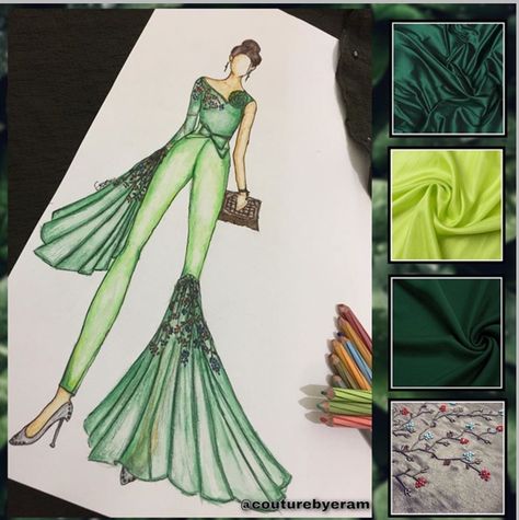 #board A green dress gives the calm we need in this world full of chaos.💚☘️ ▪️ ▪️ In this illustration i have used silk fabric ( green colour ) mesh i used on sleeve & bell bottom of trouser on one side . ▪️ Hope u all like it , Cool Colour Dress Illustration, Trouser Illustration Sketches, Bell Bottom Illustration, Green Fashion Illustration, Fashion Design Collection Illustration, Trouser Illustration, Trousers Illustration, Basic Illustration, Fashion Illustration Template