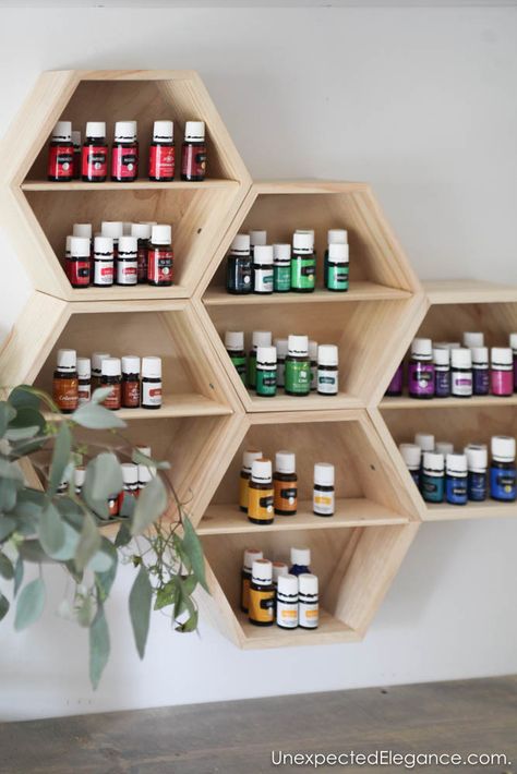 This is a pretty storage solution for housing all your essential oils!! Wall Storage Ideas, Essential Oil Rack, Essential Oils Organization, Oil Rack, Oil Shelf, Essential Oil Shelf, Wall Storage Systems, Diy Storage Shelves, Pretty Storage