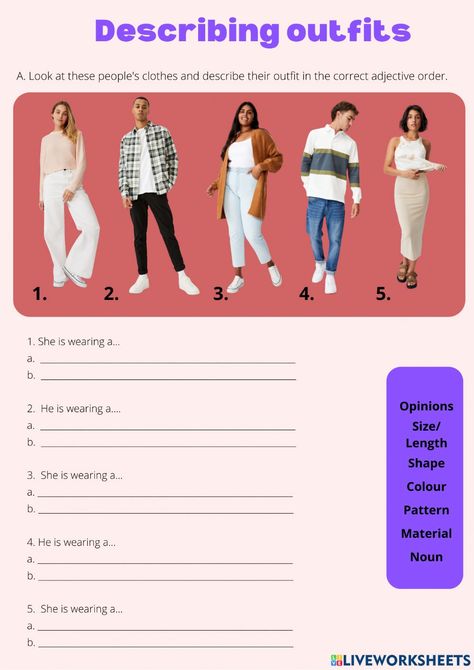 Describing Clothes, Clothes Worksheet, Order Of Adjectives, Describing People, Adjective Worksheet, Good Vocabulary Words, Good Vocabulary, Reading Worksheets, Interactive Activities