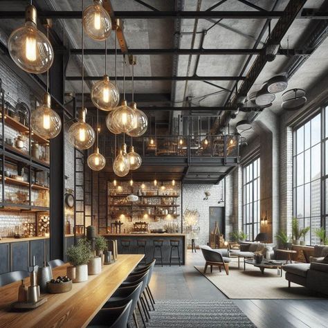 Industrial Modern Decor Industrial Interior Design Cafe, Contemporary Industrial Interior Design, Industrial Commercial Design, Industrial Lobby Design, Industrial Ceiling Design, Industrial Cafe Interior Design, Industrial House Interior, Industrial Warehouse Home, Industrial Warehouse Design