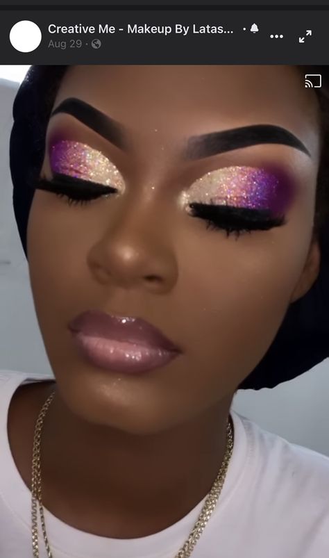 Purple And Gold Wedding Makeup, Mardi Gras Inspired Makeup, Pink Purple Gold Eye Makeup, Purple Gold Makeup Look, Purple Make Up Looks Black Women, Purple And Yellow Makeup Looks, Makeup Looks Purple Eyeshadow, Carnival Eye Makeup, Purple And Black Makeup Looks