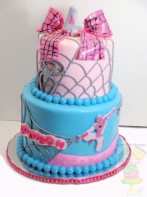 Girly Spiderman Cake. Pretty sure if I were to ever have a daughter this would happen Spiderman Birthday Cake, Fondant Bow, Cake Girl, Marshmallow Fondant, Superhero Cake, Tiered Cake, Spiderman Cake, Spider Girl, Superhero Birthday Party