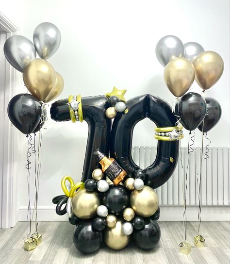 70th Balloon Stack for Martyn ⭐️ #70thbirthday #70thballoons #mensballoons #blackandgoldballoons #balloonstack #balloonbouquets #balloonmarquee #birthdayballoons #partyballoons #eventdecor #balloons #balloonbundle #balloondecor #party #menspartydecor #blackballoons 70th Birthday Balloons, Balloon Stack, Event Decor Ideas, Balloons Ideas, Black And Gold Balloons, Black Balloons, Gold Balloons, Balloon Bouquet, 70th Birthday