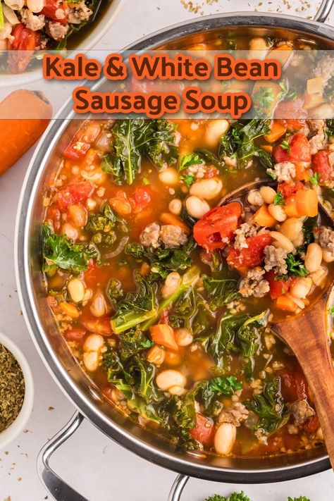 This kale and white bean sausage soup is one of my go-to comfort dinners. The combination of Italian sausage, garlic, and other seasonings makes this 30-minute soup taste like it’s been simmering on the stove all day. via @cmpollak1 Bean Sausage Soup, White Bean Sausage Soup, White Bean Sausage, Bean Sausage, Kale And White Bean, Bean And Sausage Soup, White Bean Kale Soup, Sausage And Kale Soup, Sausage Kale