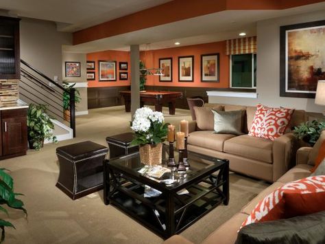 Orange Basement, Finished Basement Designs, Granny Pods, Basement Home Theater, Basement Games, Basement Lighting, Modern Basement, Game Room Basement, Recreational Room