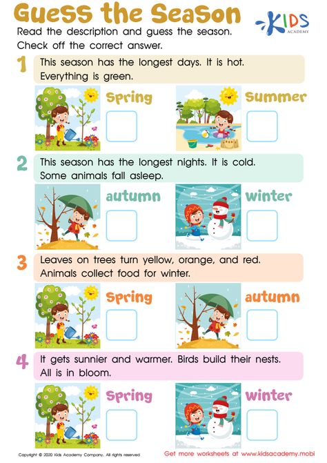 Weather Worksheets For Kids, Season Worksheet, Seasons Worksheets, Weather Worksheets, 1st Grade Science, English Exercises, 2nd Grade Worksheets, English Worksheets For Kids, 1st Grade Worksheets