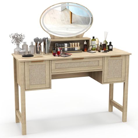 PRICES MAY VARY. Rattan Makeup Vanity Desk Set. Natural wood looking with rattan drawer and cabinets, perfectly blend modern, boho and vintage style. You can easy to match your other rattan furniture Led Lighted Mirror. Oval lighted mirror is unique and add more fashion to bedroom. Led mirror with 3 different settings: warm yellow, warm white and cold white light colors Rattan Drawers and Cabinet. This vanity desk provide rattan drawers and 2 cabinets. You can stay away from clutter and disorder Amazon Makeup Vanity, Gold Vanity Desk, Rattan Vanity, Bedroom Rattan, Wooden Makeup Vanity, Vintage Makeup Vanities, Rattan Drawers, Wood Makeup Vanity, Furniture Led