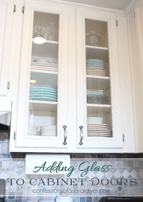 How To Add Glass To Cabinet Doors - tutorial shows how to cut the panel out of the door, how to cut plexiglass and how to add trim moulding to finish it. This is a great post and this simple, inexpensive project does a lot to update your kitchen. Glass Kitchen Cabinet Doors, Builder Grade Kitchen, Kitchen Diy Makeover, Builder Grade, Kitchen Cabinet Doors, Glass Cabinet Doors, Kitchen Redo, Glass Kitchen, Painting Kitchen Cabinets