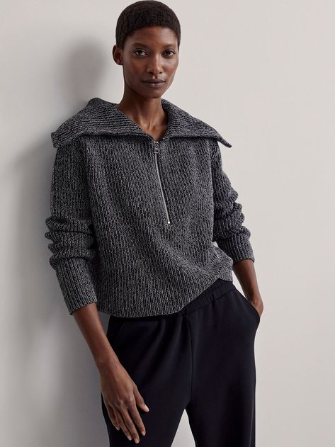 At once sophisticated and cosy this half-zip cotton knit has a relaxed fit and a shorter body. Slim sleeves and simple, elongating lines are extremely flattering, while its oversized collar drapes across the shoulders. Half Zip Sweater Oversized, Half Zip Oversized Sweater, Grey Half Zip Sweater Outfit, Half Zip Sweater Outfit, Zip Sweater Outfit, Cashmere Travel Wrap, Country Attire, Designer Clothing Brands, Half Zip Sweater