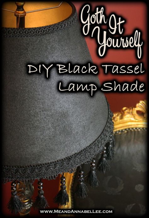 DIY Victorian Gothic Black Lamp shade | How to Paint a Lamp Shade | Black & Gold Goth Home Decor | Beaded Tassel Fringe | www.MeandAnnabelLee.com Goth Lamp, Victorian Gothic Home Decor, Gold Goth, Victorian Floor Lamps, Diy Floor Lamp, Paint Decor, Handprint Ornaments, Dough Ornaments, Black Lamp