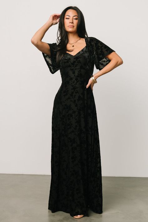 Everley Velvet Maxi Dress | Black | Baltic Born Black Wedding Guest Dresses, Black Tie Wedding Guest Dress, Fitted Maxi Skirt, Embossed Velvet, Winter Wedding Guest Dress, Fall Wedding Guest Dress, Baltic Born, Velvet Maxi Dress, Velvet Maxi