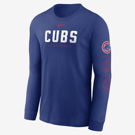 The Repeater T-Shirt features bold Chicago Cubs graphics and soft cotton fabric to help get you ready for game day. Nike Set, Nike Crew Neck, Word Mark Logo, Men's Long Sleeve T-shirt, Nike Store, Beachwear For Women, Chicago Cubs Logo, Chicago Cubs, Nice Tops