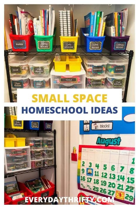 Homeschool Room In Bedroom, Pre K Homeschool Supplies, Homeschool Room Kindergarten, Homeschool Preschool Organization, School Room Organization Homeschooling, Homeschool In A Small Space, Home School Room Kindergarten, Organize Classroom Closet, Simple Homeschool Organization